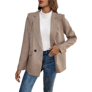 Women's plaid blazer jacket with houndstooth pattern and double-breasted buttons