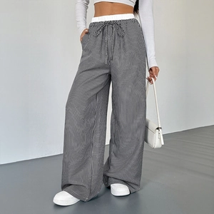 Pantaloni Donna Casual a Righe Gamba Larga Vita Alta Giunzione a Contrasto Pantaloni Dritti Autunno Moda Pantaloni Lunghi Larghi