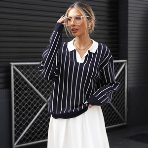 Damen Lässig Vertikal Gestreifter Polo Kragen Strickpullover Locker Langarm Kontrastkragen Herbst Streetwear Mode Marineblau Top