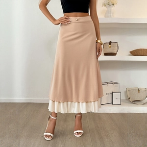 Women Elegant High Waist Double Layered Midi Skirt Khaki Satin A-Line Skirt With White Ruffle Trim Artificial Pearl Button Detail