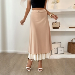 Elegant beige high waist A-line skirt with pearl button and tiered pleated hem