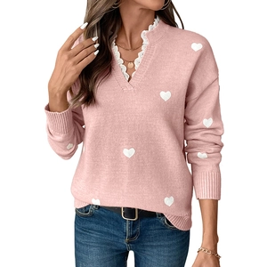 Pink V-neck knit sweater with heart pattern and delicate white lace trim for women
