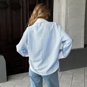Women's blue striped long-sleeve shirt with white contrast collar and cuffs in loose fit