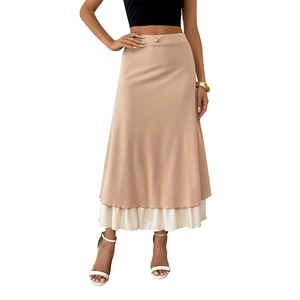 Elegant apricot A-line midi skirt with white pleated ruffle hem and pearl button detail