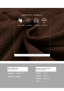 Detailed texture of dark brown corduroy jumpsuit showing breathable fabric properties