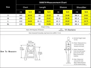 Size chart for textured long sleeve sweatshirt showing S to XL dimensions in inches and cm