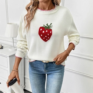 Women Cute Strawberry Jacquard Knit Sweater Contrast Ribbed Round Neck Long Sleeve Pullover Cream Jumper Top