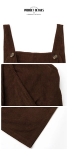 Detail of vintage coffee corduroy overalls with button straps and textured fabric finish