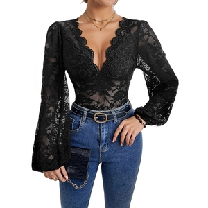 Elegant long sleeve black lace bodysuit with deep V-neck and scalloped floral trim details