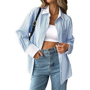 Women's blue and white striped long sleeve shirt with white contrast collar and cuffs