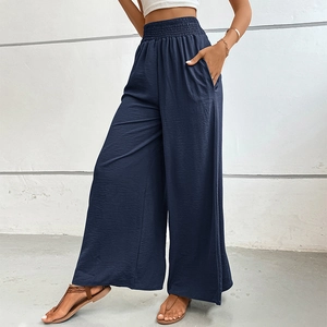 Pantalon large bleu marine pour femme à taille haute élastique et tissu avec texture fine