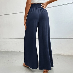 Pantalon large bleu marine pour femme avec taille élastique froncée et tissu texturé