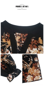 Détail du col en V et des poignets à volants sur robe noire à imprimé floral d'automne