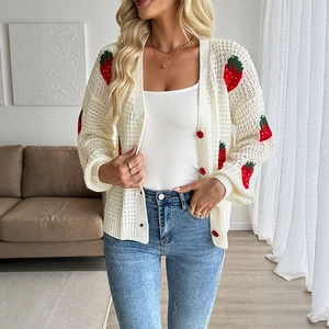 Women Sweet Strawberry Crochet Hollow Knit Cardigan V-Neck Long Sleeve Off-White Red Button Sweater Top
