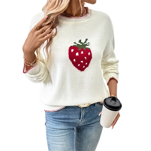 White crew neck knit sweater with strawberry jacquard pattern and red striped trim