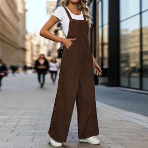 Vintage dark brown corduroy wide-leg overalls for women with adjustable straps and pockets