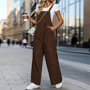 Women's vintage dark brown corduroy overalls with wide leg cut and high waist pleats