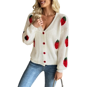 Casual white V-neck cardigan with strawberry jacquard pattern and red buttons