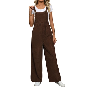 Retro brown corduroy overall jumpsuit with adjustable shoulder straps and wide-leg design