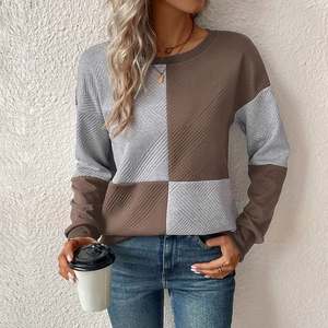 Women's Casual Long Sleeve Color Block Sweatshirt Textured Round Neck Pullover Patchwork Knit Top Autumn Fashion Clothing