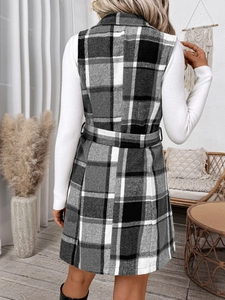 Back view of a sleeveless plaid vest coat with a lapel collar and matching waist belt