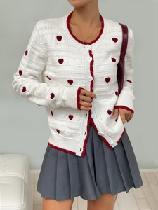 Close-up of heart pattern jacquard and red contrast trim on white knit cardigan