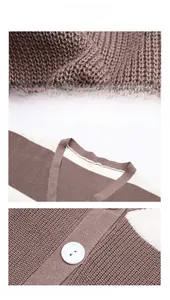 Detail of brown and white striped knit cardigan showing V-neck and resin buttons