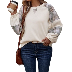 Women's plaid color block waffle knit top with lantern sleeves and casual round neck