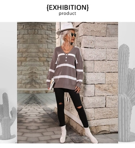 Detail of V-neck striped knit sweater with buttons and casual street style design