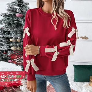 Women Sweet Bow Decoration Sweatshirt Long Sleeve Round Neck Polyester Pullover Casual Christmas Party Loose Fit Tops