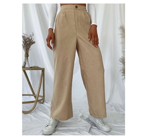 Close-up of high-waist corduroy wide-leg pants showing texture and button detail