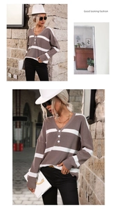 Detail view of V-neck striped knit sweater featuring white buttons and ribbed cuffs