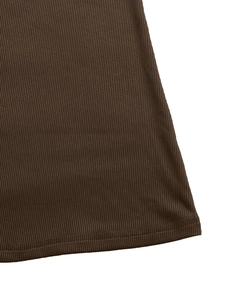 Macro shot of dark brown rib-knit fabric texture with precise double-needle stitching hem