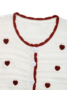 Detail of white knit cardigan showing red heart pattern and textured fabric surface