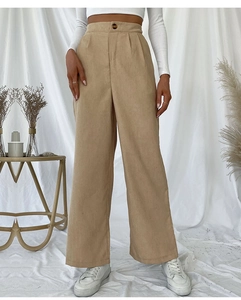 Detailed texture of khaki corduroy wide-leg trousers with high waist and pleated button waist