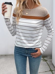 Detail of color-block striped long sleeve shirt with brown and white knit texture