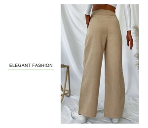 Rear view of high-waisted beige corduroy wide-leg trousers for a casual autumn style