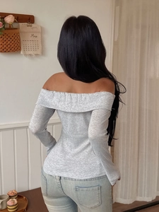 Rear view of slim fit light gray off-shoulder knitted long sleeve top for women