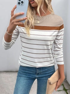 Detail of color-block striped long sleeve t-shirt with crew neck and casual texture