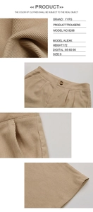 Detailed views of khaki corduroy trousers featuring pleated waist and side pockets