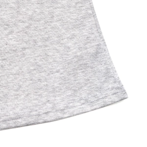 Close-up of double-needle stitching on the heather grey long sleeve T-shirt hem