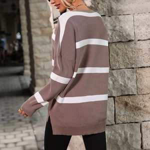 Women's V-neck striped knit sweater in brown and white with relaxed drop shoulders
