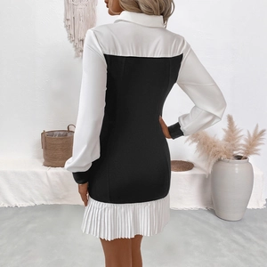 Contrast color patchwork pleated dress with collar and long sleeves for women