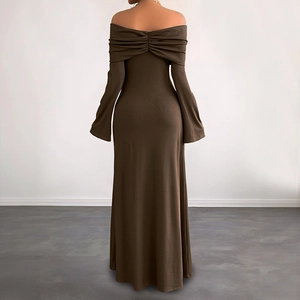 Elegant off-shoulder backless long dress in dark brown with pleated details