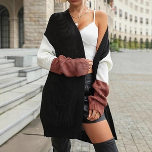 Gilet en Maille Décontracté pour Femmes Color-Block Manches Longues Contrastées Pull Mi-Long Ample Avec Poches