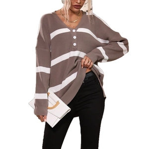 Women's V-neck striped knit sweater in khaki with white stripes and button detail