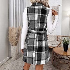 Classic grey plaid sleeveless wool coat vest with waist belt in British style