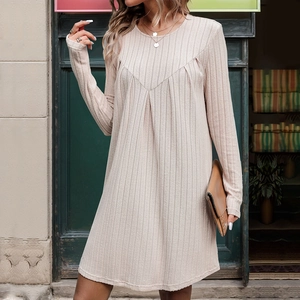 Abito Mini in Maglia a Costine Elegante da Donna Manica Lunga Girocollo Cachi Pullover Casual