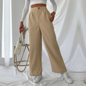 Women's high waist wide leg corduroy trousers in warm light khaki with front pleats
