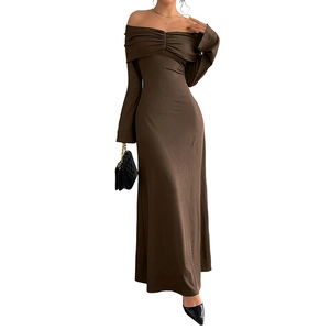 Elegant brown off-shoulder long sleeve maxi dress with pleated bodice and slim fit design